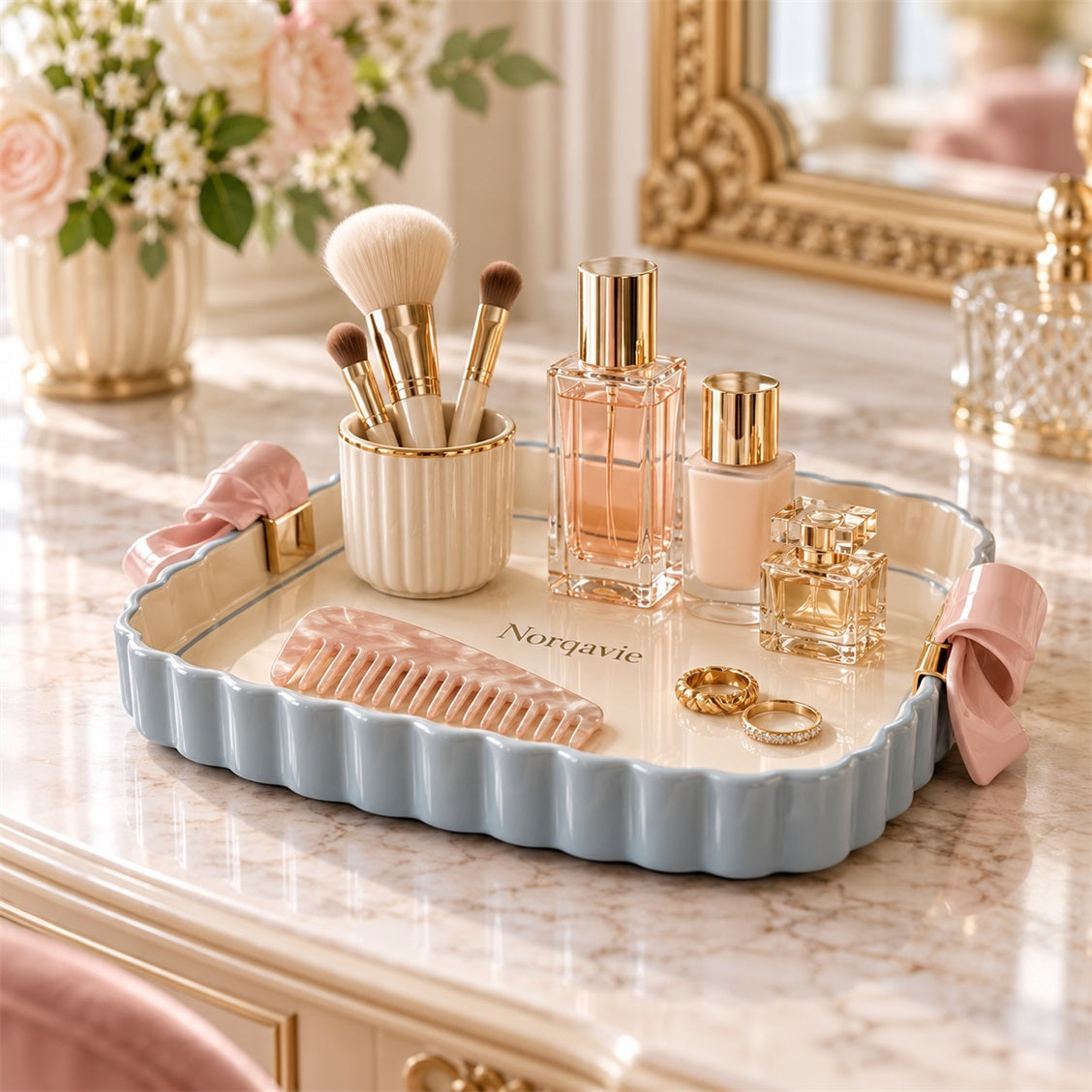 Norqavie Bow-Handle Scalloped Vanity Tray - organized use view