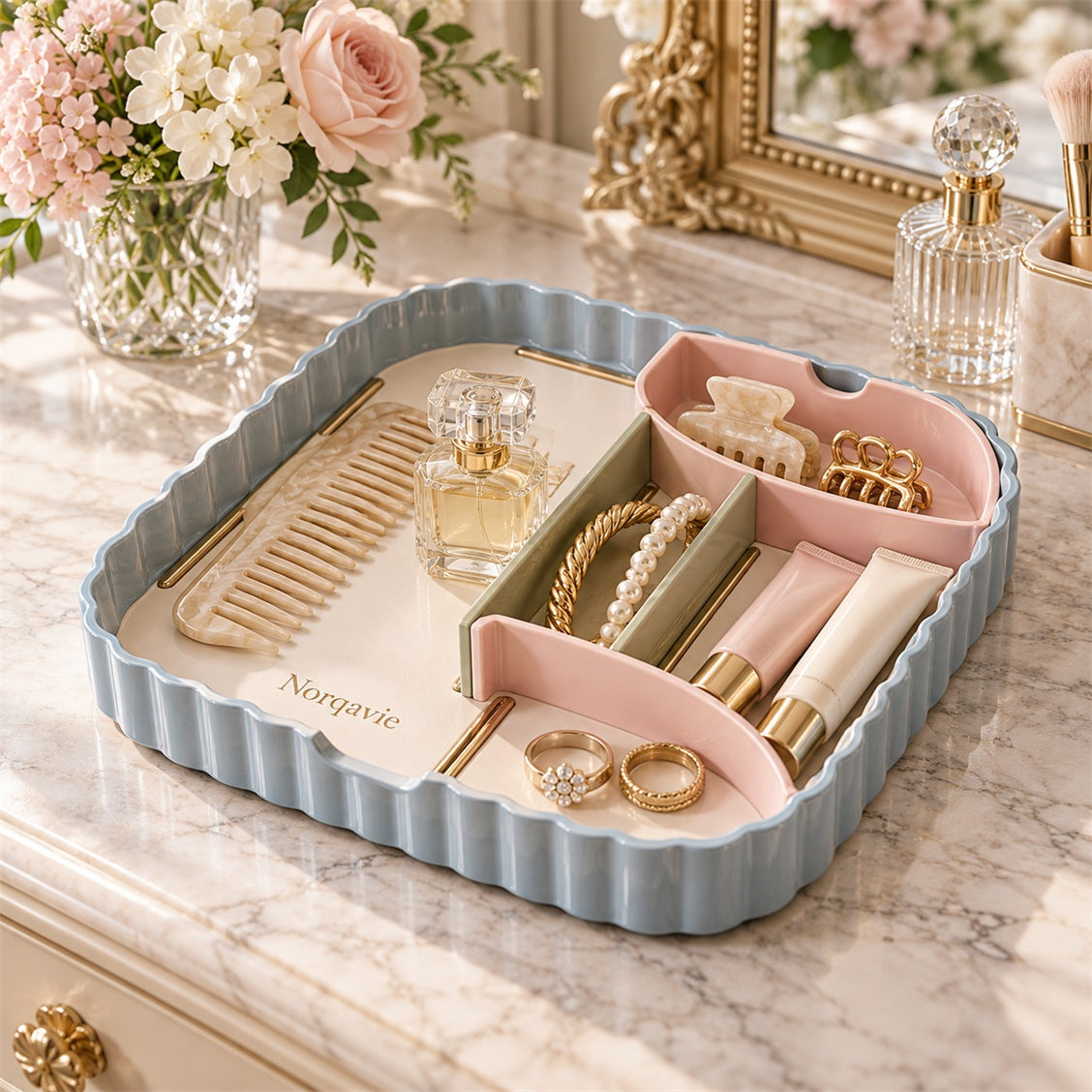 Norqavie Adjustable Four-Section Vanity Organizer - organized use view