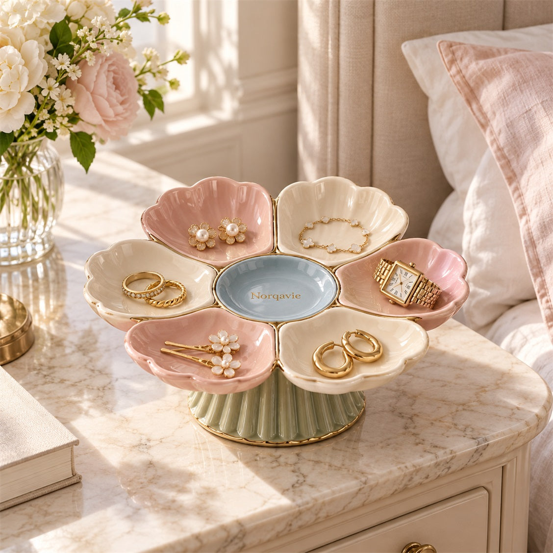 Norqavie Seven-Petal Jewelry Display Stand - organized use view