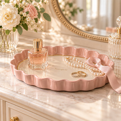 Norqavie Pink Scalloped Oval Display Tray - organized use view