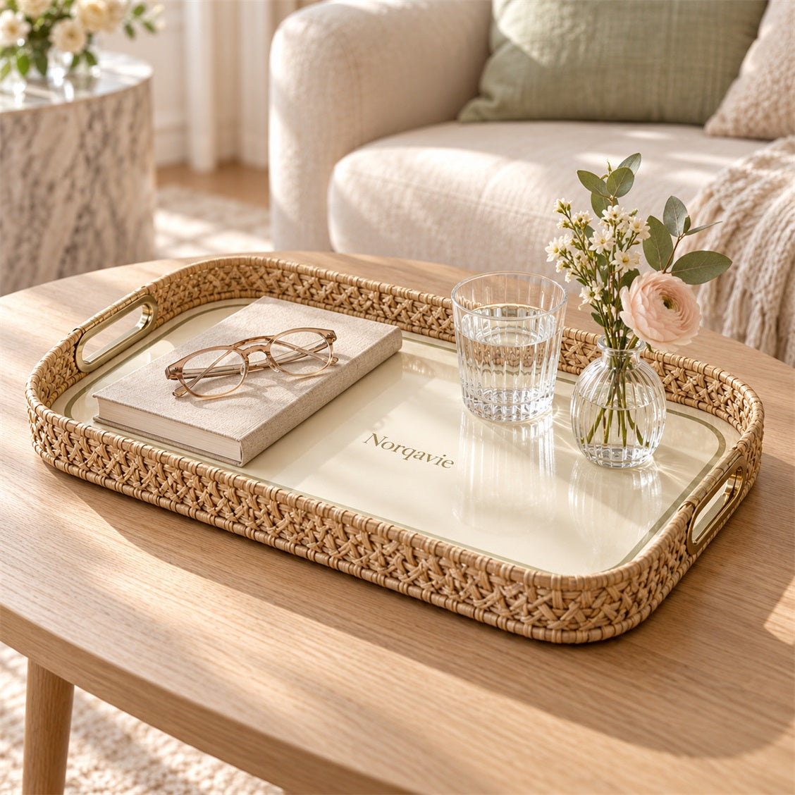 Norqavie Woven-Style Rectangular Serving Tray - organized use view