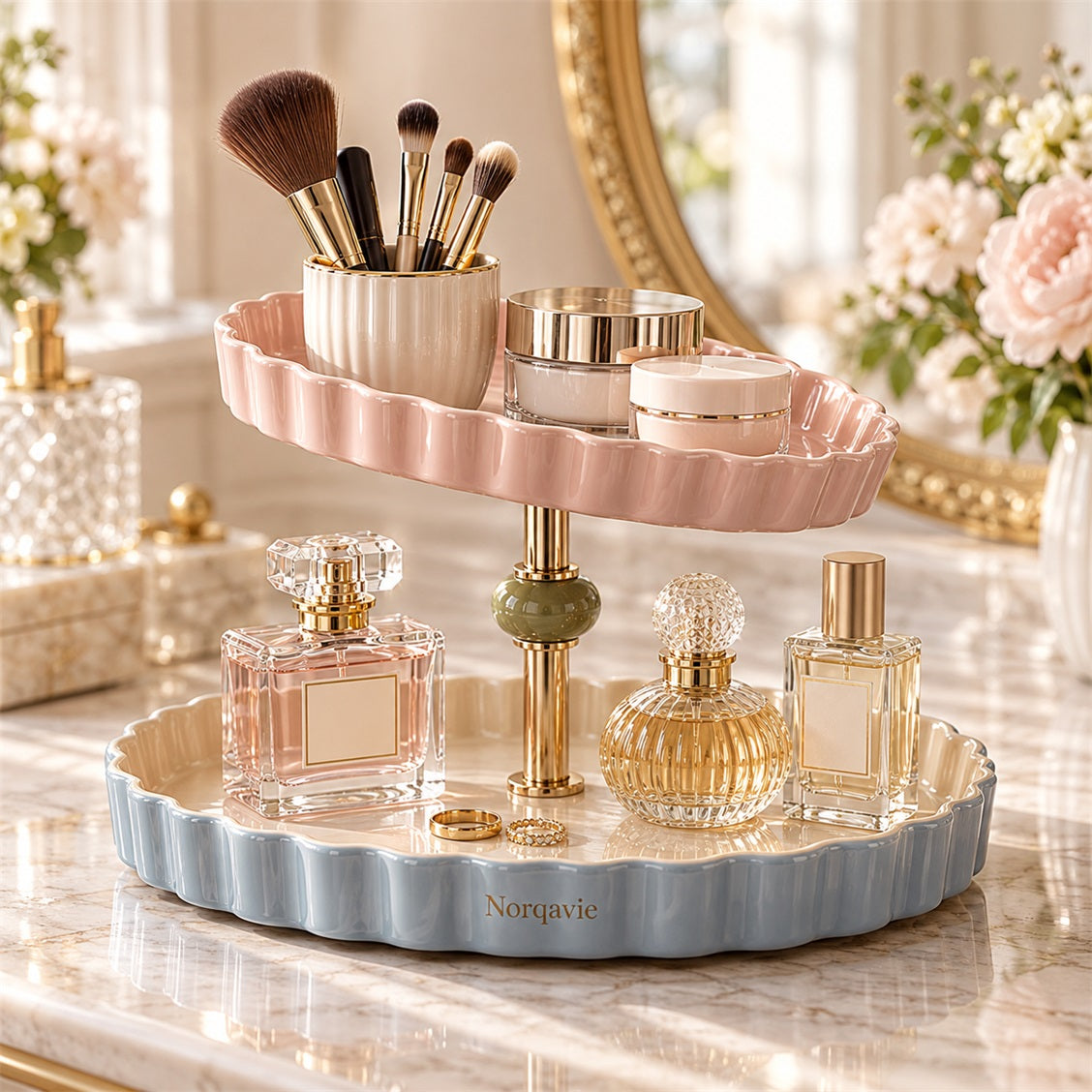 Norqavie Two-Tier Pastel Vanity Display Stand - organized use view