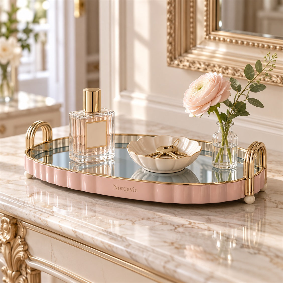 Norqavie Pink Mirrored Oval Accent Tray - organized use view
