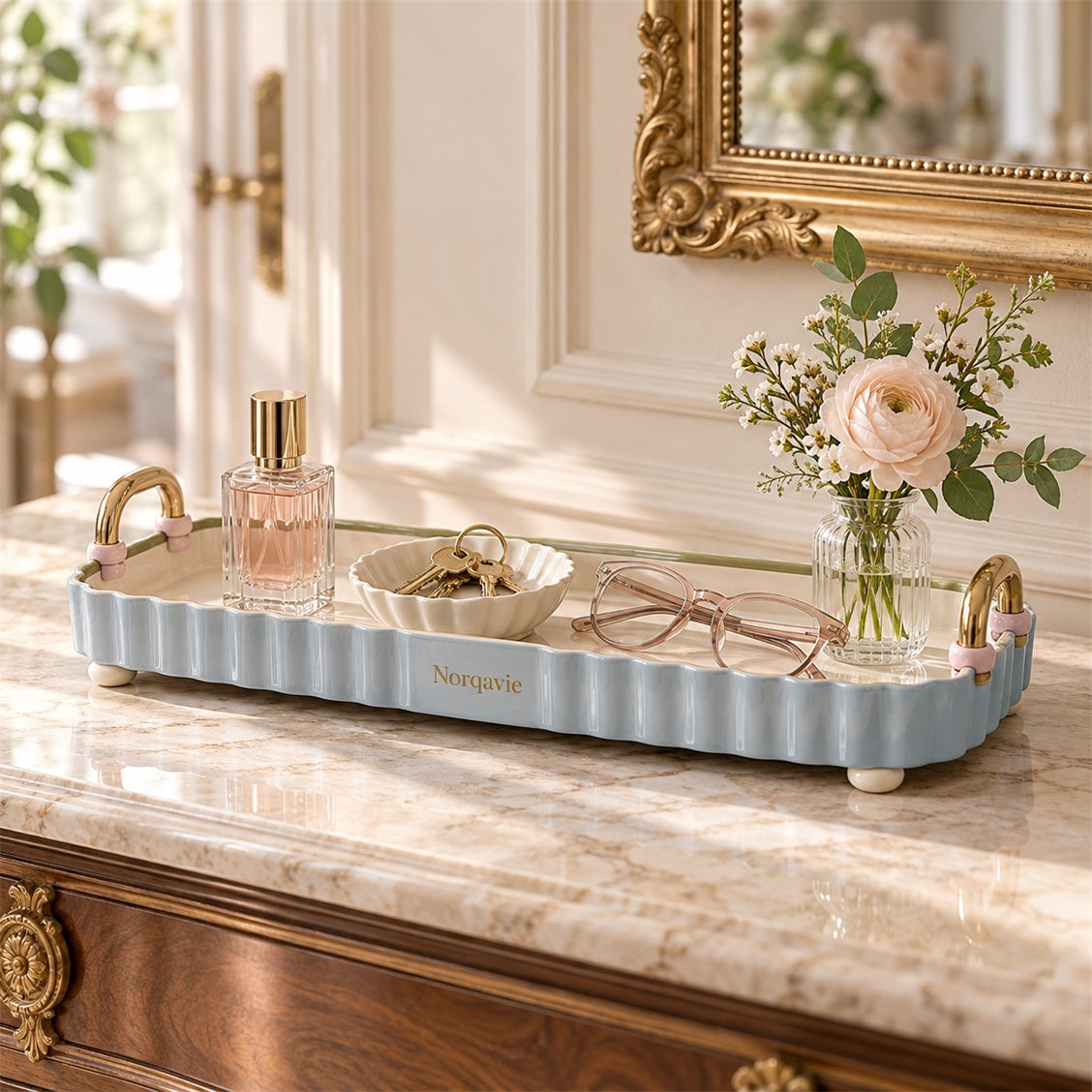 Norqavie Long Blue Scalloped Handle Tray - organized use view